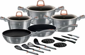 Berlinger Haus Berlinger Haus - Moonlight Bater&iacute;a Cocina Inducci&oacute;n 17 Piezas, Antiadherente M&aacute;rmol Sin Pfoa, Aluminio, Cazuelas Sartenes Gris