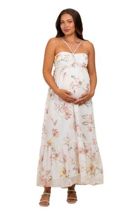 Pinkblush Floral Chiffon Halter Maxi Dress in Cream at Nordstrom, Size Medium