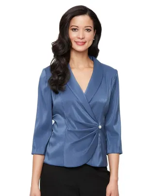Alex Evenings Top Womens Blue Asymmetrical Wrap Shawl Collar Blouse PALL21