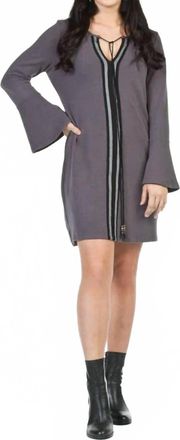 Papillon Bell Sleeve V-Neck Track Stripe Dress In Grey