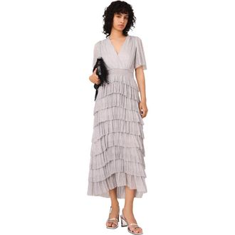 Maje Metallic ruffled midi dress in Silver at Nordstrom, Size 34 Eu