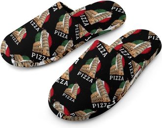 Generic Pizza Pisa Tower Italy Flag Mens Cotton Slippers Memory Foam Comfort House Shoes Winter Indoor Slipper for Hotel Casa Spa