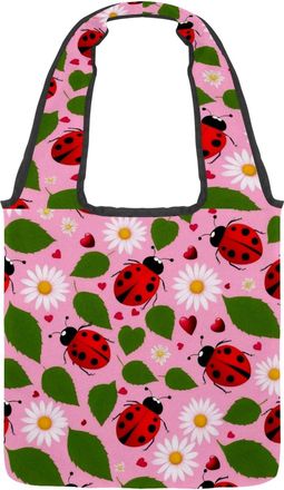 Generic Ladybugs and Flower Reversible Canvas Shoulder Tote - Double-Sided Print, 12oz Cotton, 27cm Drop, Fold-Flat Bag for Travel, Shopping, Street Outings
