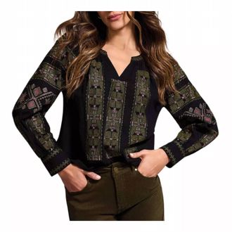 Tribal Womens Embroidered Boho Long Sleeve Notch Neck Blouse In Black