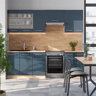 Vicco Mueble De Cocina Fame-line, Azul Oscuro Alto Brillo/roble Dorado, 240 Cm, Et Roble