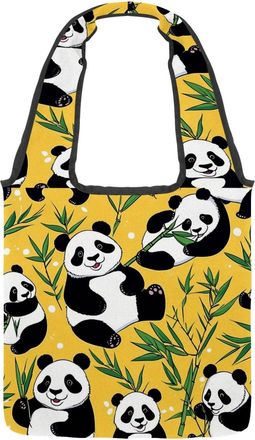 Generic Cute Panda on Yellow Reversible Canvas Shoulder Tote - Double-Sided Print, 12oz Cotton, 27cm Drop, Fold-Flat Bag for Travel, Shopping, Street Outings