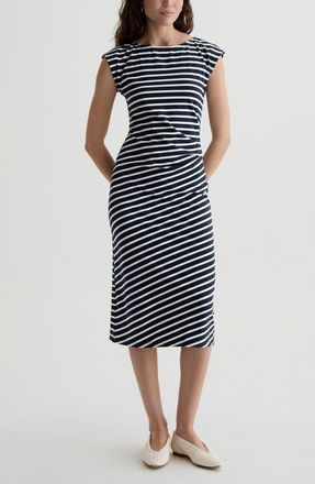 AG - Adriano Goldschmied Aja Ruched Stripe T-Shirt Midi Dress in Pacific Navy/powder at Nordstrom, Size X-Large