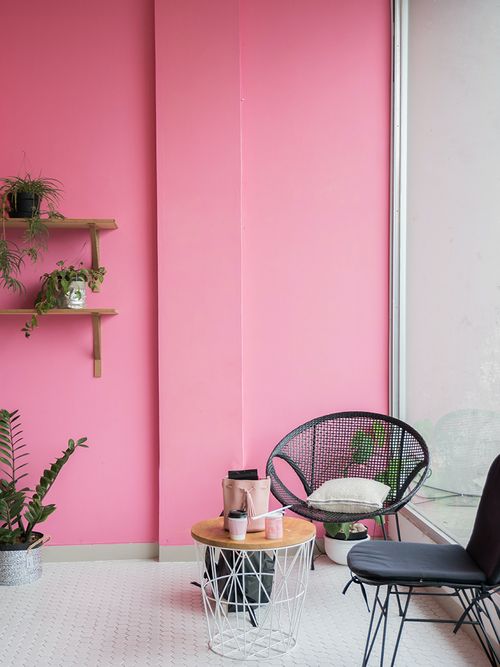 Lounge mit schwarzen Möbeln, Wandregalen und einer pinken Wand.