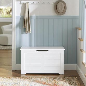 Vasagle Medium Rustic Storage Chest Blanket Box Safety Hinges Bench in White