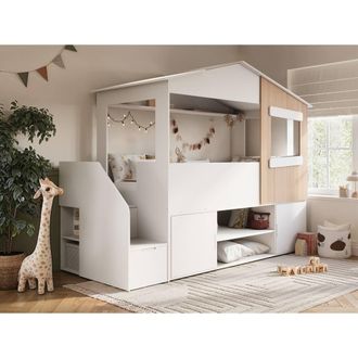 Flair Dreamland House Staircase Mid Sleeper with Storage White & Oak | Size: Single