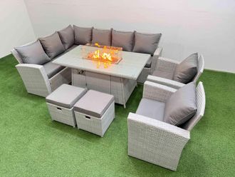 Fimous Rattan Corner Sofa Chair Set Gas Fire Pit Table with Temper Glass 2 Footstools Light Grey Mixed