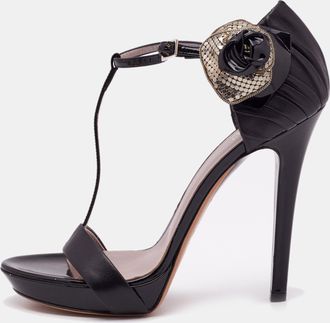 Versace Black Leather Flower Bow T- Strap Sandals