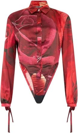 Roberto Cavalli Silk Garden Rose Print Bodysuit Shirt - Dames - Bodies - Rood - XS - Tops