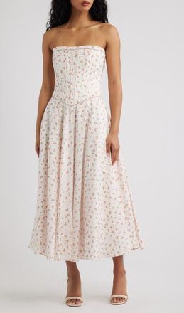 House of CB Gina Floral Strapless Corset Stretch Cotton Maxi Dress in White Rose at Nordstrom, Size X-Large
