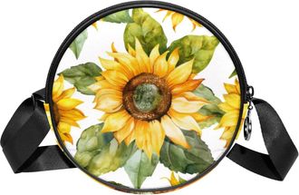 Generic Circle Crossbody Bag for Women, Sunflower Small Sling Bag Daypack with Zipper Adjustable Shoulder Straps Casual Ladies Girls Round Purse