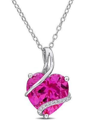 Delmar Sterling Silver Lab Grown Pink Sapphire & Diamond Heart Pendant Necklace at Nordstrom Rack