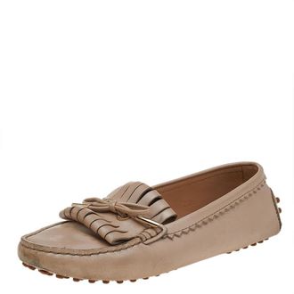 Tod's Tods Beige Leather Fringe Slip On Loafers