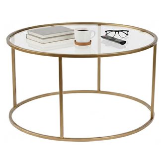 Dmora Dmora - Mesa De Caf&eacute; Geralt, Mesa De Centro Baja, Revistero Para Sof&aacute;, Estante De La Sala De Estar, 80x80 H43 Cm, Oro Y Transparente