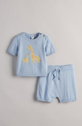 Nordstrom Motif Short Sleeve Cotton Blend Sweater & Shorts Set in Blue Skyway Giraffe at Nordstrom, Size 12M