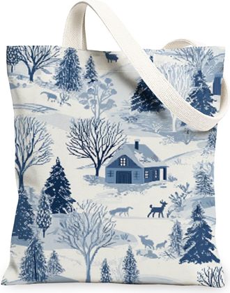 Generic Winter Nature Canvas Tote Bags, Rustic Landscape Print Reusable Grocery Bags, Vintage Lightweight Washable Shoulder Strap Canvas for Travel Shopping O