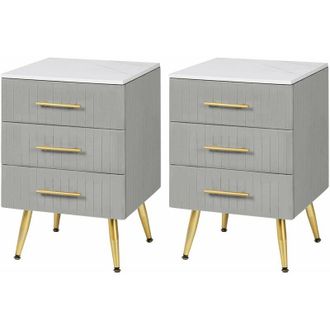 Woltu Set di 2 Comodino Camera da Letto in Velluto con Tre Cassetti. Cassettiera in Legno. Organizzatore da Letto. Gambe in Metallo. Bianco e Grigio - Woltu