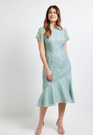 Wallis Womens Lace Asymmetric Midi Dress - Green Cotton - Size 20 UK