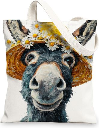 Generic Animal Canvas Tote Bags, Donkey Floral Pattern Reusable Grocery Bags, Fun Farmhouse Lightweight Washable Canvas Bags for Ou, White, 13x15 Inch