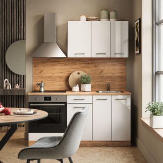 Vicco Cocina Para Solteros R-line, Blanco Brillo Intenso/roble Dorado, 160 Cm Con Mueble Para Horno Empotrado Sin Encimera, Vicco