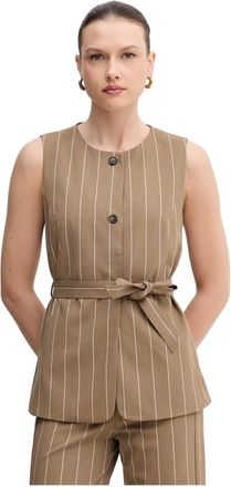 Benetton Gilet met krijtstreep en strikceintuur - Dames - Bodywarmers - Bruin - M - Jassen