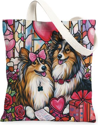 Generic Valentines Day Shetland Sheepdog Dog Canvas Tote Bag for Shopping 13x15, Stained Glass Puppy Reusable Grocery Print Pattern Bag for Women, Couple Beac