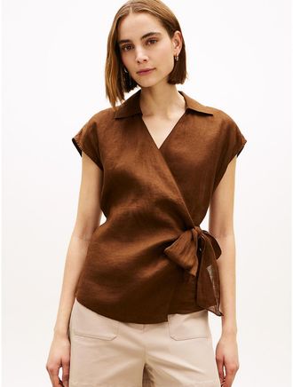 Tommy Hilfiger Womens Sleeveless Linen Wrap Top - Brown - 4