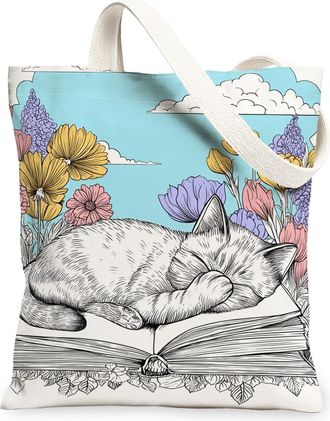 Generic Floral Cat Canvas Tote Bags, Flower Design Reusable Bags, Spring Vintage Artistic Lightweight Washable Canvas for Travel Be, Colorful, 13x15 Inch