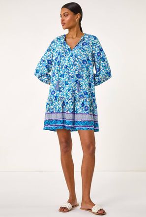 Roman Floral Print Border Smock Dress