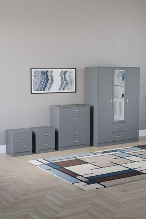 Home Discount Vida Designs 4Pc Bedroom Set 2x2Bedside, 5 Drawer, 3Dr Mirror Wardrobe in Grey
