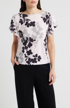 Anne Klein Floral Cascade Flutter Sleeve Top in Soft Blossom Multi at Nordstrom, Size X-Large