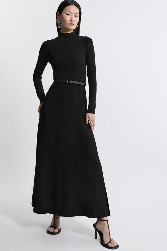 knee length dresses for ladies KAREN MILLEN Cream / Black Rib Knit Trim Detail Full Skirt Midi Dress –  Reliked