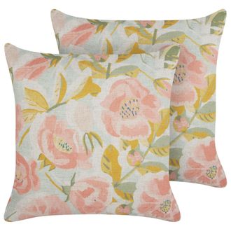 Beliani Beliani - Conjunto De 2 Cojines Decorativos Patr&oacute;n Floral Accesorio Vintage Boho Fundas Extra&iacute;bles Rosa Y Azul 45 X 45 Cm Zahriye