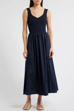 Moon River Sleeveless Mixed Media Midi Dress in Navy at Nordstrom, Size Large