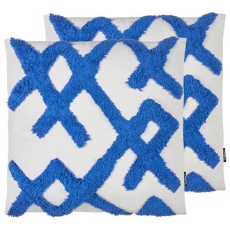 Beliani Conjunto De 2 Cojines Decorativos De Algod&oacute;n Con Formas Geom&eacute;tricas Cuadrados 45 X 45 Cm Funda Extra&iacute;ble Azul Y Blanco Hazel