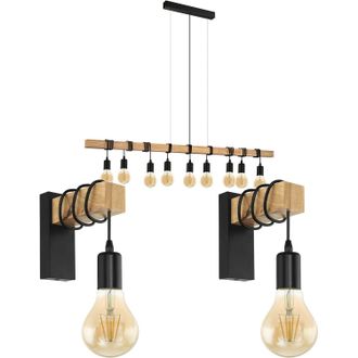 Loops Multi Bulb Ceiling Pendant Light & 2x Matching Wall Lights Black & Wood Trendy