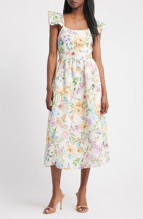 Lipsy Floral Print Flutter Sleeve Midi Dress in White at Nordstrom, Size 12 Us