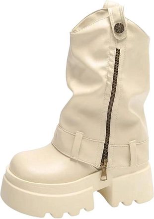 Generic Women Chunky Heeled Mid-Calf Boots Leather Platform Zip Design Motorcycle Booties