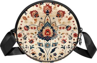 Generic Circle Crossbody Bag for Women, Ethnic Boho Floral Small Sling Bag Daypack with Zipper Adjustable Shoulder Straps Casual Ladies Girls Round Purse