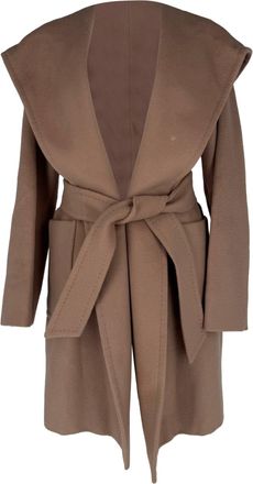 Max Mara Belted Hooded Coat in Beige Camel Hair