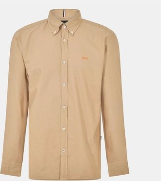 HUGO BOSS Mens Embroidered Collared Neck Button Down Long Sleeve Shirt - Cream - Size: 46/Regular