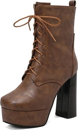 Generic Womens Faux Fur Lined Winter Ankle Boots Lace Up and Side Zipper Platform Square Toe Block Heel Casual Shoes (7.5,Coffee)