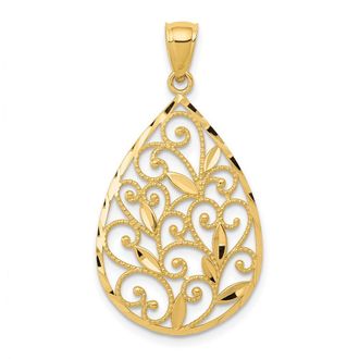 Diamond2Deal 14k Yellow Gold Polished and Textured Filigree Teardrop Pendant