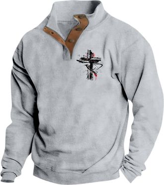 Generic Mens Jumpers Crosses Printed Christian Sweatshirts for Men Long Sleeve Pullover Button Down Polo Shirts Stand Collar Jumper Fashion Casual Tops Fall W