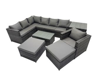 Fimous Outdoor Rattan Garden Furniture Set with 2 Big Stools Side Table in Dark Grey