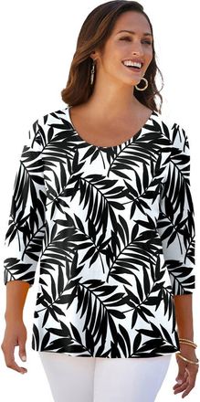 Jessica London Stretch Cotton Scoop Neck Tee in White Palm at Nordstrom, Size 24